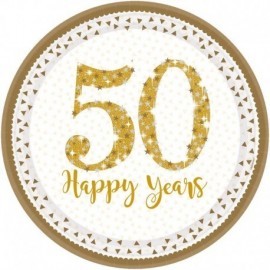 Platos 50 aniversario blancos y oro 8 uds 23cm