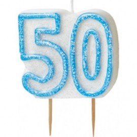 Vela 50 cumpleaños azul y blanca