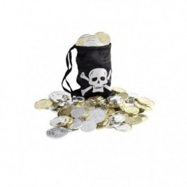 Bolsa monedas pirata con monedas plateadas y dorad